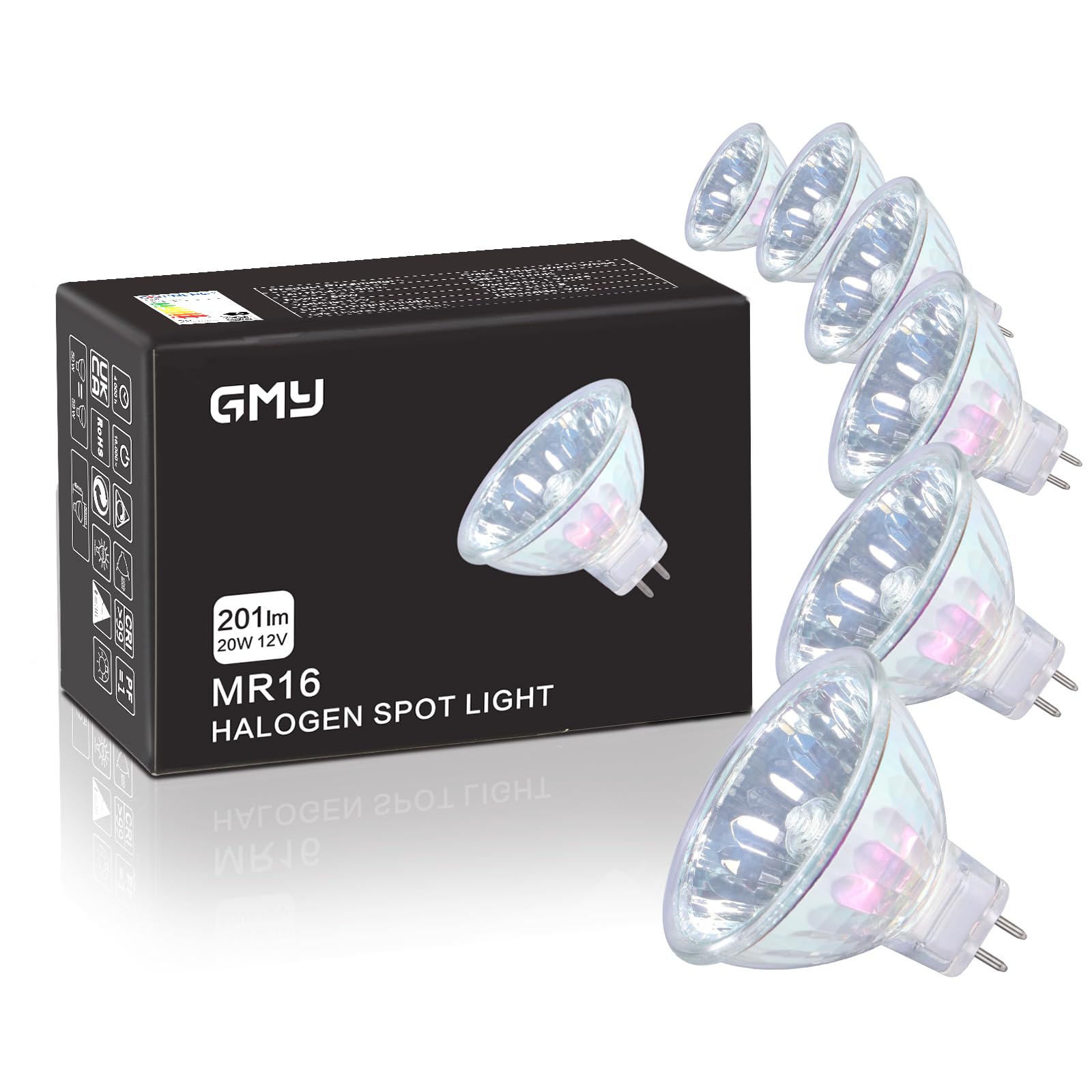 GMY MR16 Halogen Bulbs 20W 12V GU5.3 Spotlight, 36° Beam Angle, Dimmable Warm White Halogen Light Bulbs 2 Pin, 4000hrs Lifetime, Dichroic 6 Pack