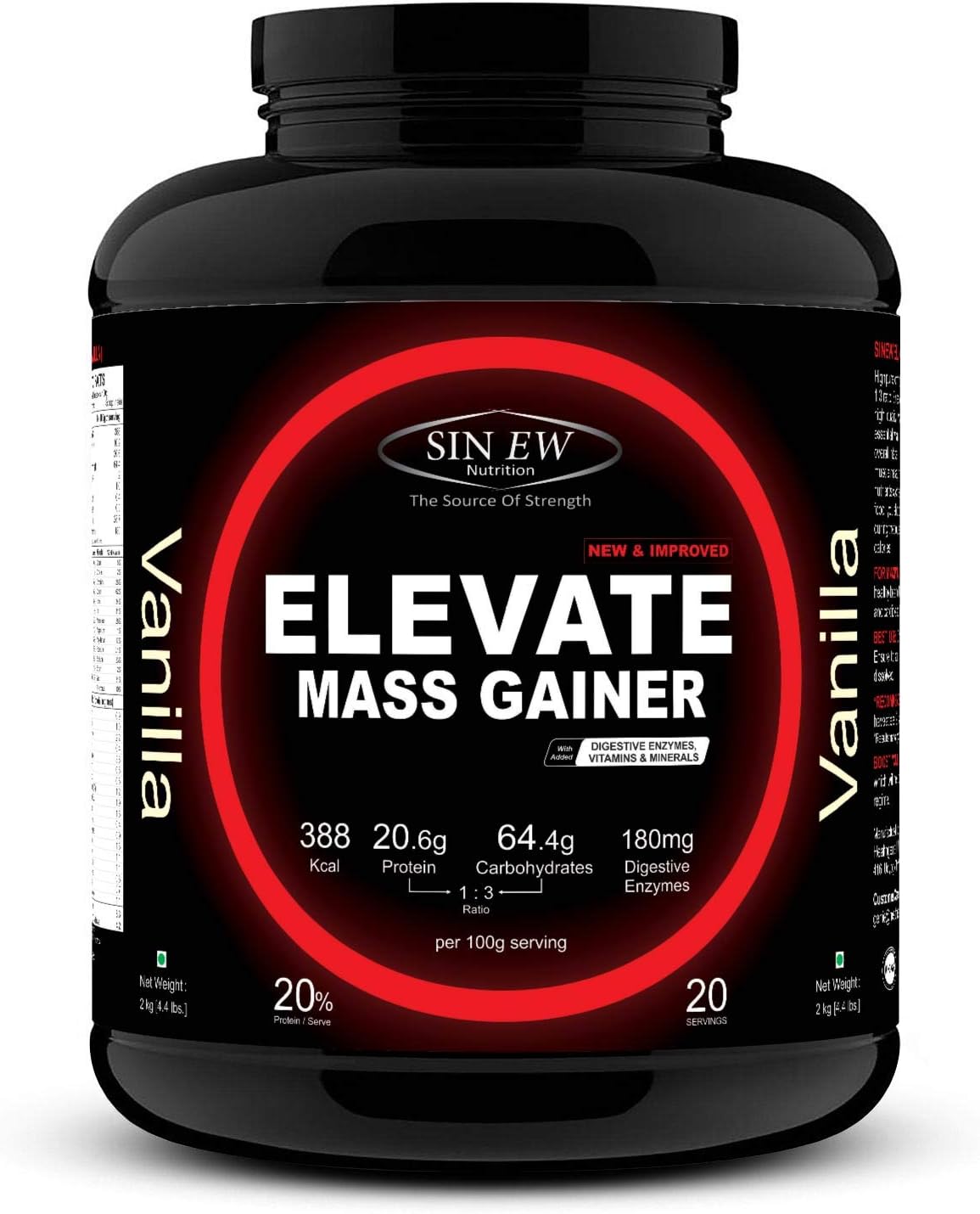 Sinew Nutrition Elevate Mass Gainer with Digestive Enzymes, 2 kg (Vanilla Flavour)