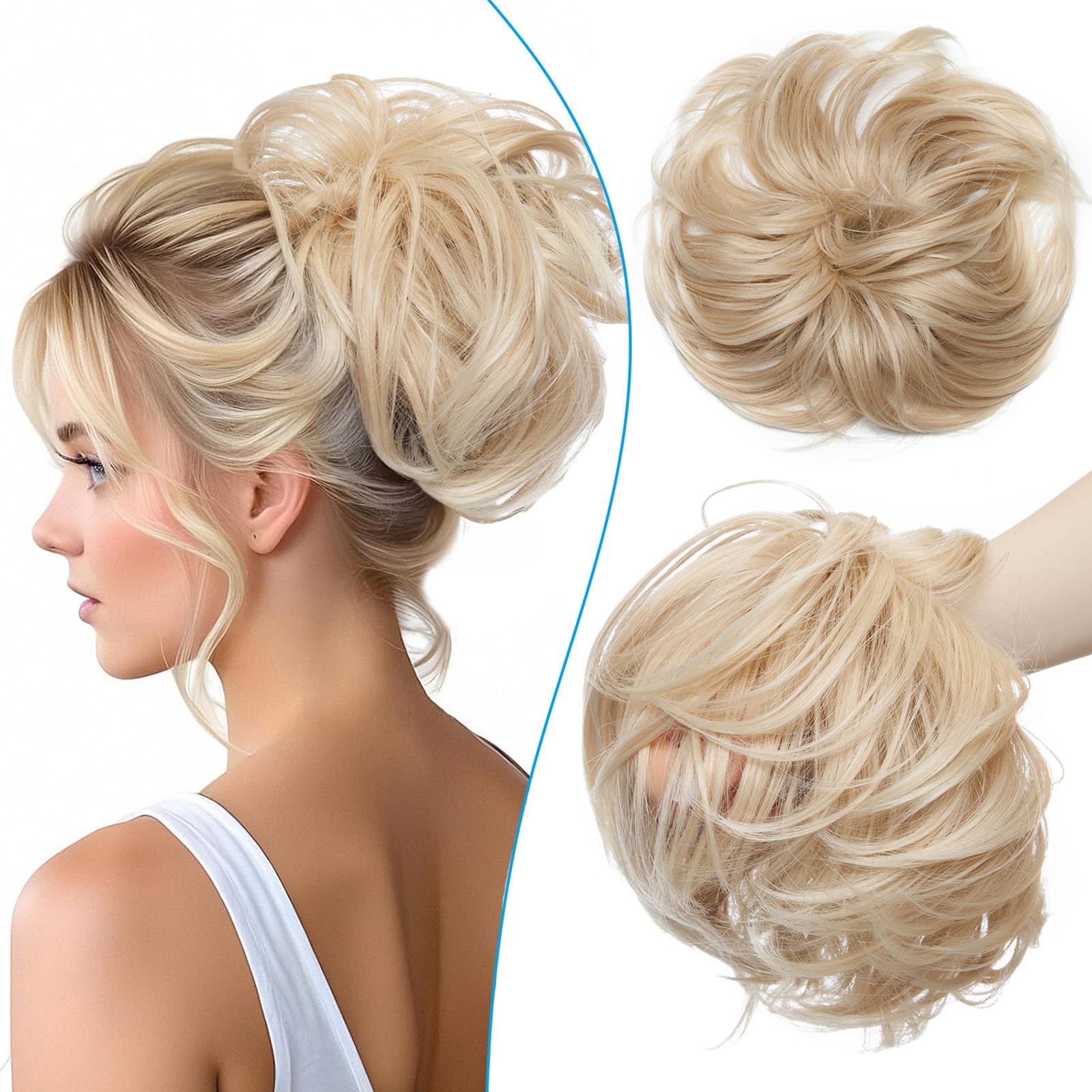 Messy Updo Hair Buns for Women - Synthetic Ponytail Scrunchies, Donut Chignons, Hairpieces Extensions - Dark Blonde to Bleach Blonde