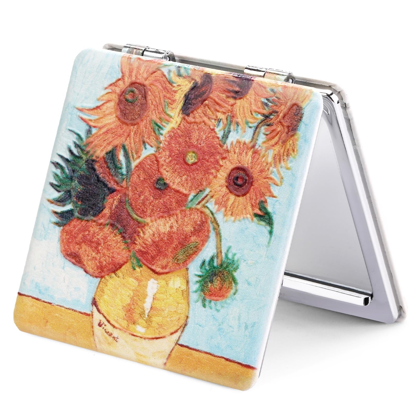 OMIRO Compact Mirror with 1x/3x Magnification, Square with PU Leather, Small Mirror for Purses, Daily Makeup (Sunflowers)