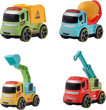 Gooyo Construction Toy Cartoon Vehicle Set 4 pcs - Dumper + JCB + Cement Mixer + Crane Truck - Unbreakable ABS Plastic Friction Powered Kids Automobile Toy Set - (4 in 1)