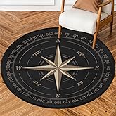 YPPAHHHH Compass Rose Round Area Rug 5Ft Artwork Black Non-Slip Circle Rugs Soft Washable Carpet Floor Mat for Bedroom Living