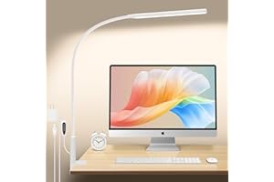 SEOUFRDZ Desk Lamp, Stepless Dimming Led Desk Light with 3 Colors Modes for Home Office, Eye Caring Flexible Gooseneck Touch Desk Light with Clamp for Workbench Drafting Reading Study (White)