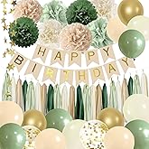 ELTNEGSA Sage Green Birthday Party Decorations with Banner, Tissue Tassels, Paper Pompoms, Balloons, Star Garland, Cake Topper