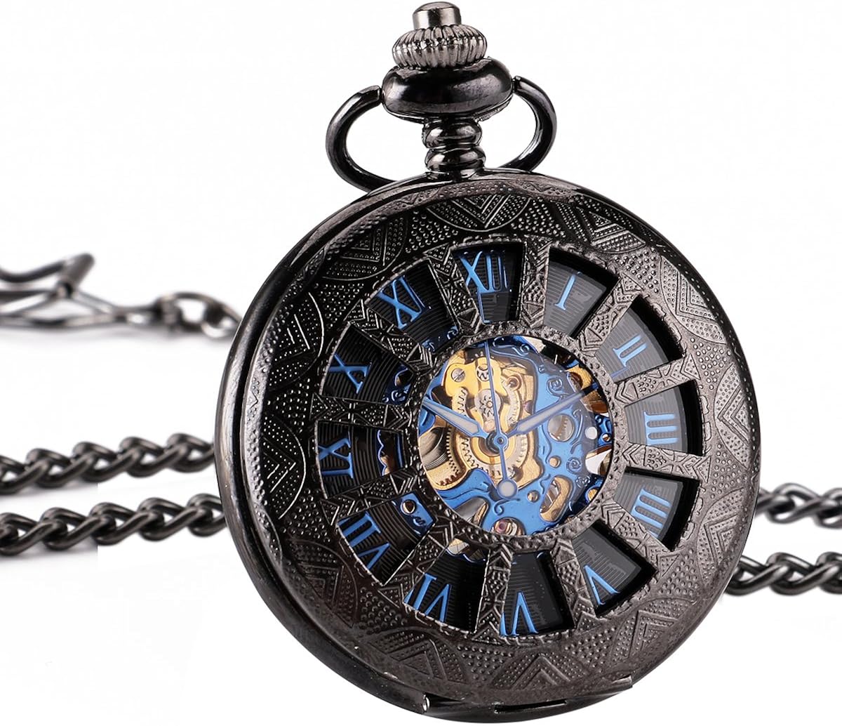 ManChDa Vintage Men Mechanical Pocket Watch Elegant Black Engraved Case Hollow Hunter Skeleton Dial with Chian + Gift Box - Image 3
