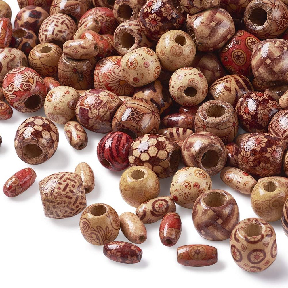Pandahall 300pcs Printed Wood Beads - Round & Oval & Drum Shapes, Large Hole, Mixed Colors for Jewelry Making DIY Crafts - Image 3