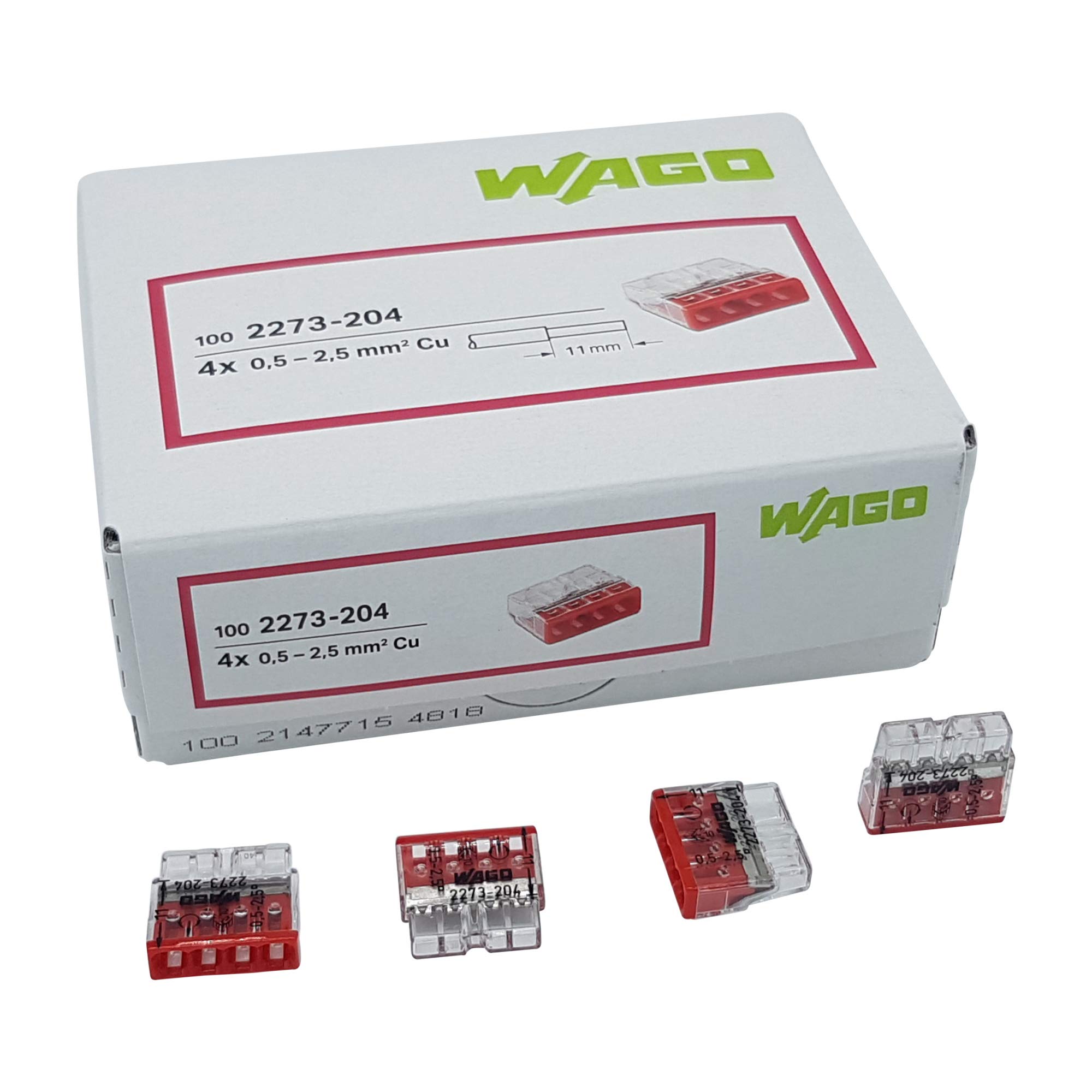 100 Pieces Wago 2273-204 Compact Junction Box Terminal Ø 0.5-2.5 mm², 4-pin, Transparent/red