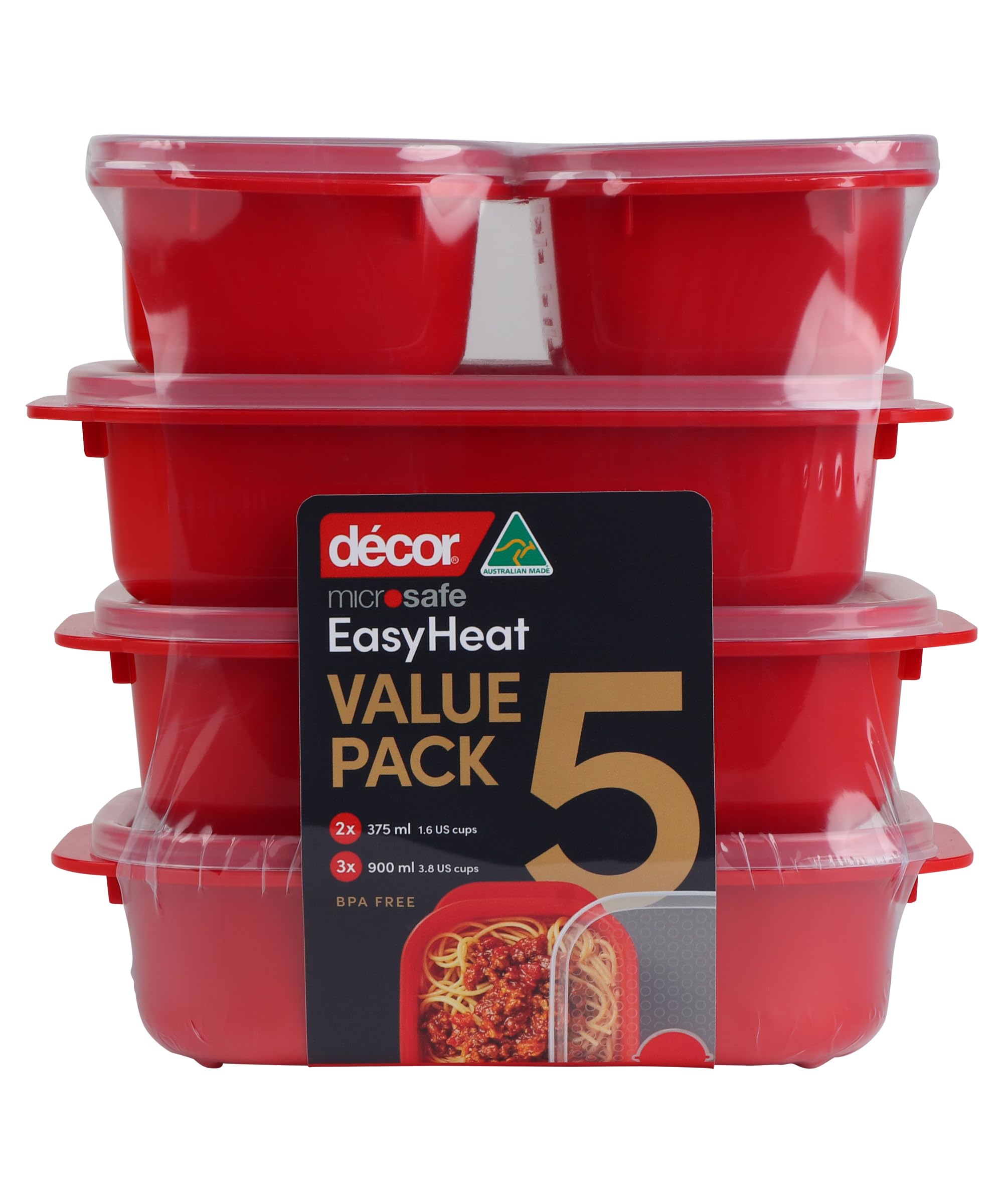 Décor Microwave Food Containers Set | 5 Pack - 2 x 375ml, 3 x 900ml | Steam Release Vent | Dishwasher & Freezer Safe | Red