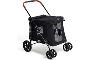 CANINE CANYON Scout Pet Stroller, 4-Wheel Design for Small/Medium Dogs - One-Button Fold, Adjustable Mesh Windows & Shades, 360° Swivel Front Wheels, Rear Wheel Brake for Safety, Black