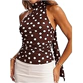 Milumia Women's Y2k Polka Dots Ruched Halter Top Sleeveless Fitted Going Out Tops with Scarf