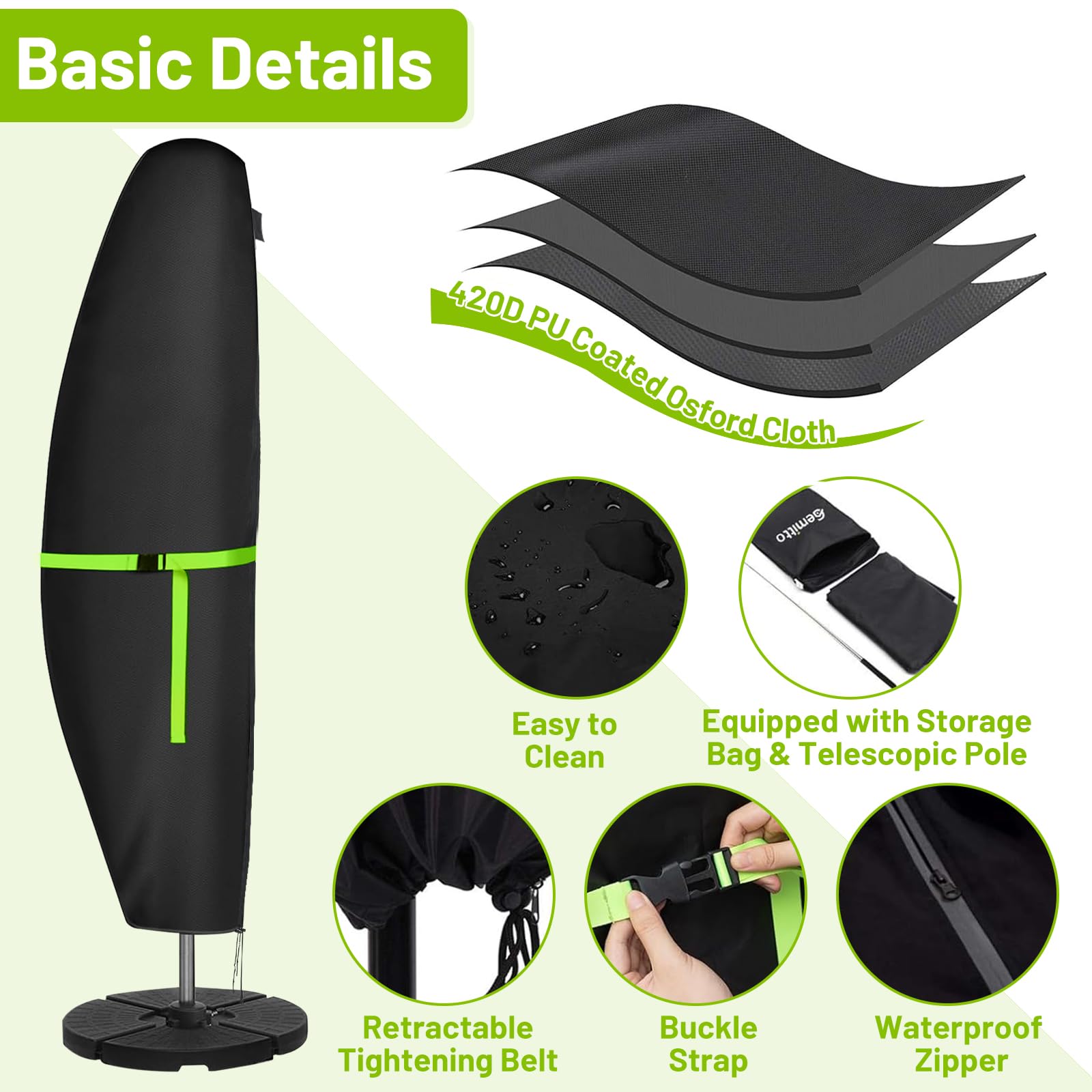 GEMITTO Sonnenschirm Schutzhülle mit Stab, Ampelschirm Schutzhülle Wasserdicht 280x30x81/46cm Outdoor Sonnenschirm Abdeckung für 2 bis 4m Schirme, 420D Wetterfest Sonnenschutz Winddicht Schirmhülle 3