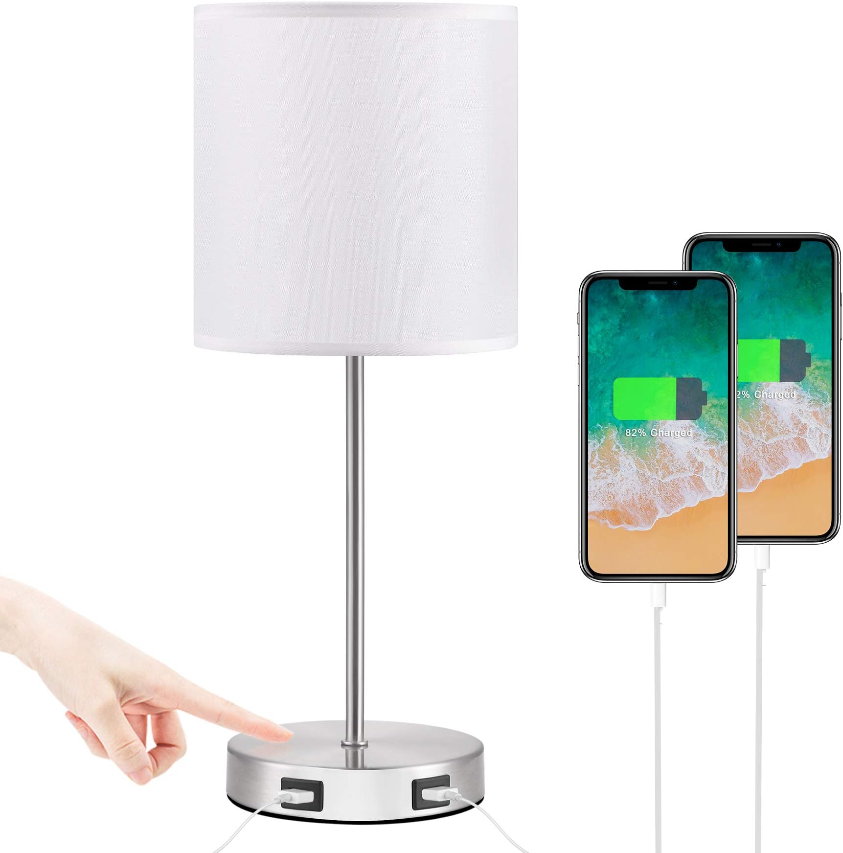 Nightstand Lamp Built in USB Charging Port & Power Outlet, White Fabric Shade & Modern Table Lamp-Great for Living Room Bedside Nightstand Light(Silver Base)