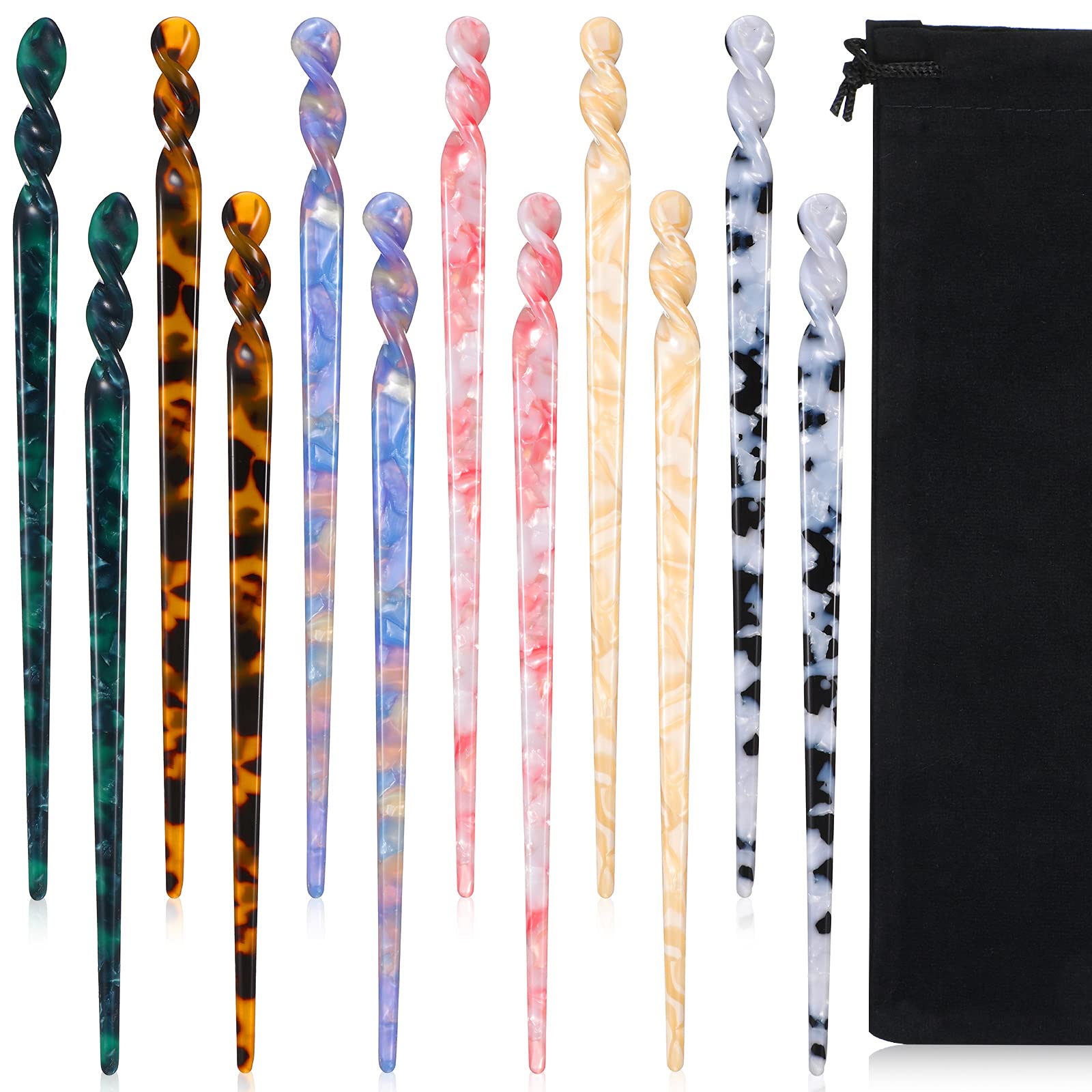 12 Pcs Hair Acetate Chopsticks Turtle Leopard Print Hair Pins Vintage Chinese Hair Sticks Accessories for Women Girls Hairstyles 6 Styles