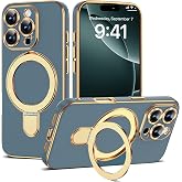 ETPESOK Plating Phone Case for iPhone 16 Pro with Stand 6.3", Grey Blue | Plating Glossy Case for iPhone 16 Pro Phone Case,Magnetic Ring Stand,Compatible with Mag-Safe,Full Camera Protector,TPU
