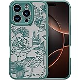 XIZYO for iPhone 16 Pro Case, Floral Rose Cute Phone Case for Women Girls Aesthetic Pattern Print Slim TPU Bumper Shockproof Protective Cover for iPhone 16 Pro 6.3 Inch, Deep Green