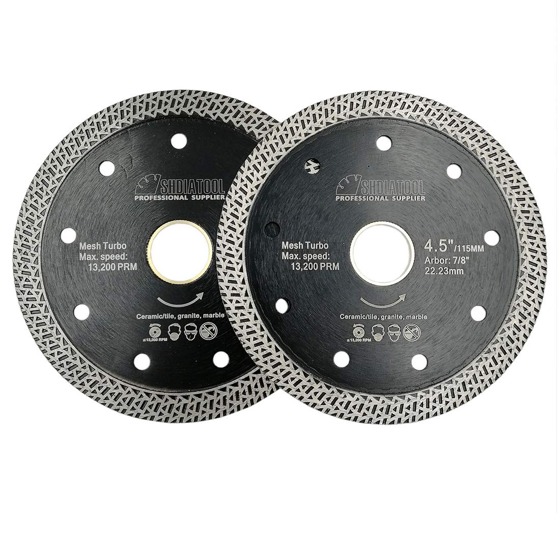 SHDIATOOL Diamond Cutting Disc 2pcs 4.5 Inches / 115mm Saw Blade with Mesh Turbo for Porcelain Tile Ceramic Granite Marble