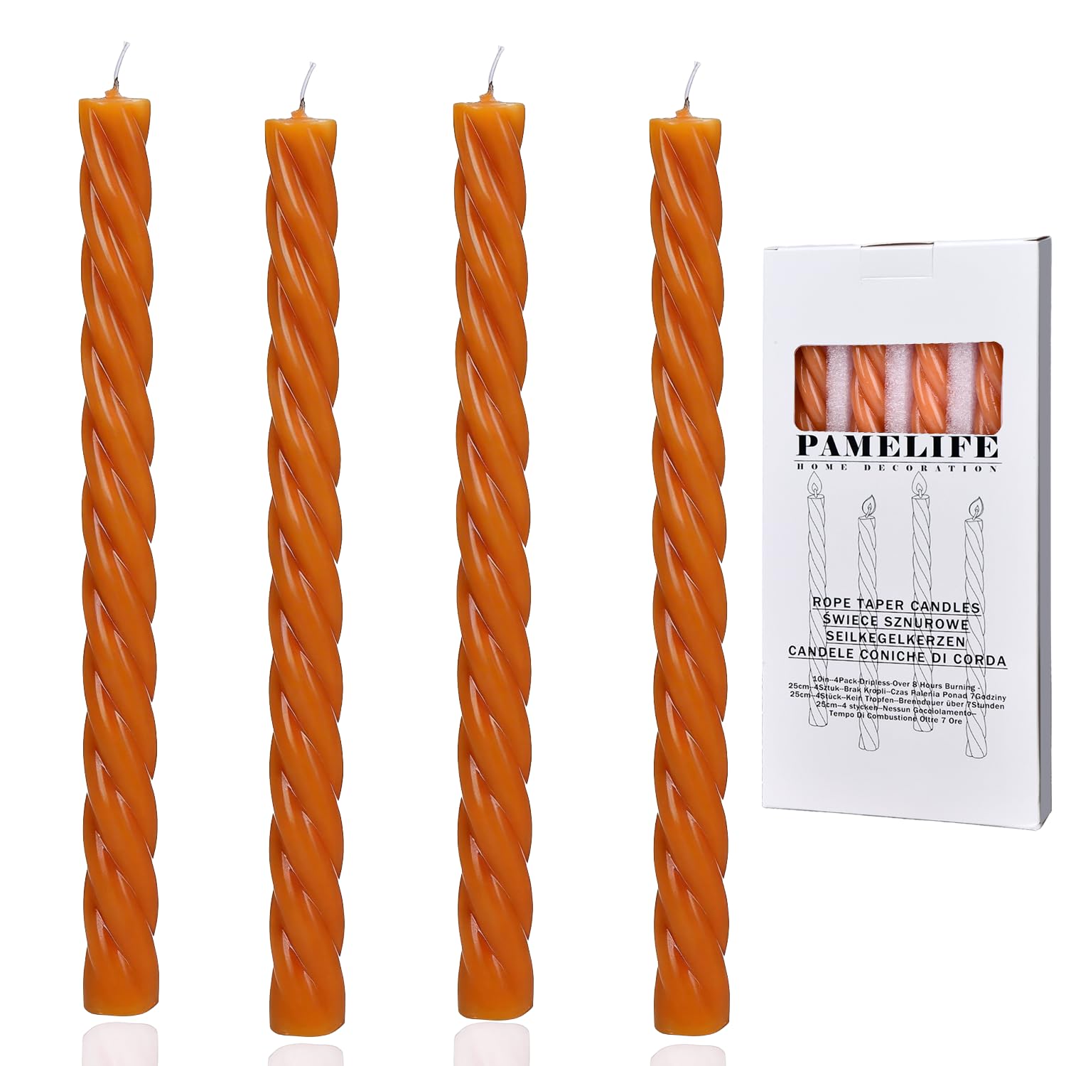 Photo 1 of 10 Inch Spiral Burnt Orange Taper Candles, 4 Pack Unscented Dripless Long Burning Time Gloosy Fall Candlesticks for Dinner Party, Wedding Shower and Home Decoration (Squash)