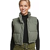Love Tree Women's Juniors Cropped Faux Leather Puffer Vest (Olive, Large)