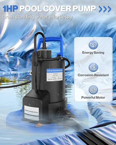 AUTOMATIC POOL COVER PUMP – 1 HP 5000 GPH SUBMERSIBLE WATER PUMP WITH CHECK VALVE AND 3 ADAPTERS, 29.5FT CORD FOR PUMPS ABOVE GROUND AUTOMATIC ON/OFF SYSTEM, SUMP PUMP FOR BASEMENT FLOODS, POND PUMP