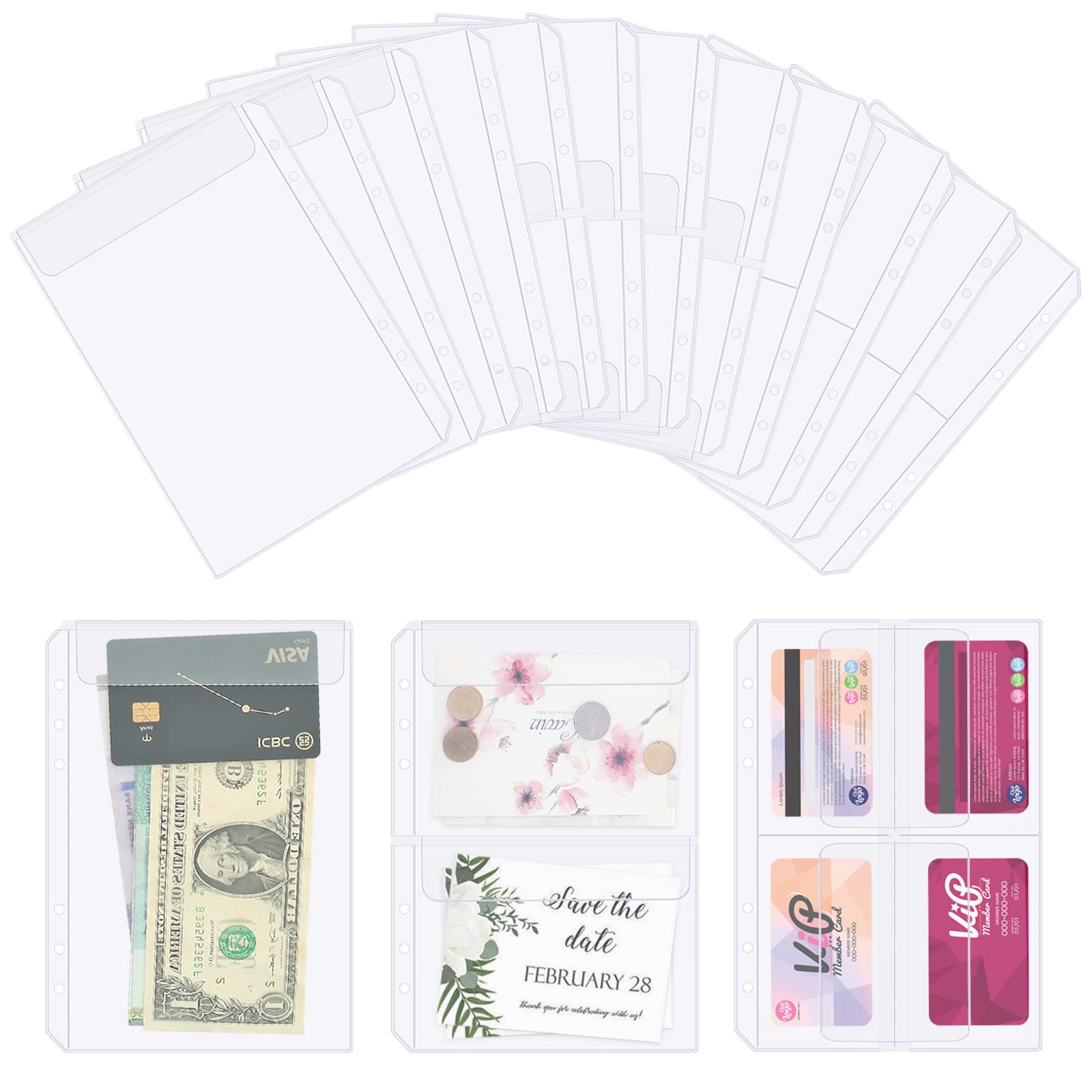 QiXin 30pcs A5 Binder Pocket Set no Zipper Clear Budget Planner Inserts Bulk Budget Binder Organizer Cash Envelopes for Budgeting Waterproof PVC Loose Leaf Bags Card Sleeves for 6 Ring Notebook