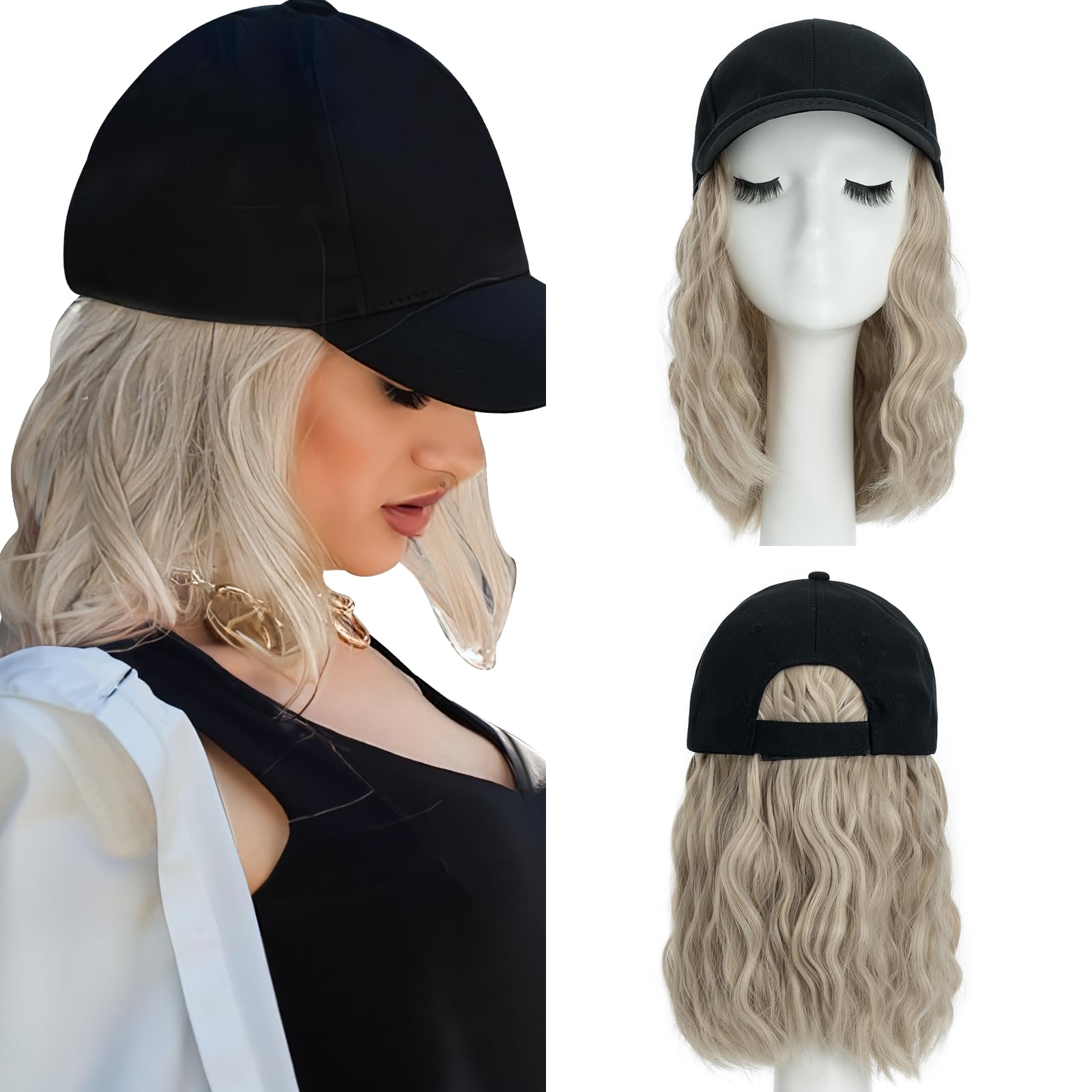 8 Inch Baseball Cap With Hair Extensions BOB Synthetic Hair With Attached Black Hat With One Piece Hair Extensions For Women - Sandy Blonde & Bleach Blonde — image 1