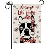 Christmas Garden Flag Hat Boston Terrier Dog with Scarf Xmas Winter Holiday Decorations Burlap Vertical Double Sided Yard Lawn Outdoor Decor 12.5 x 18 Inch