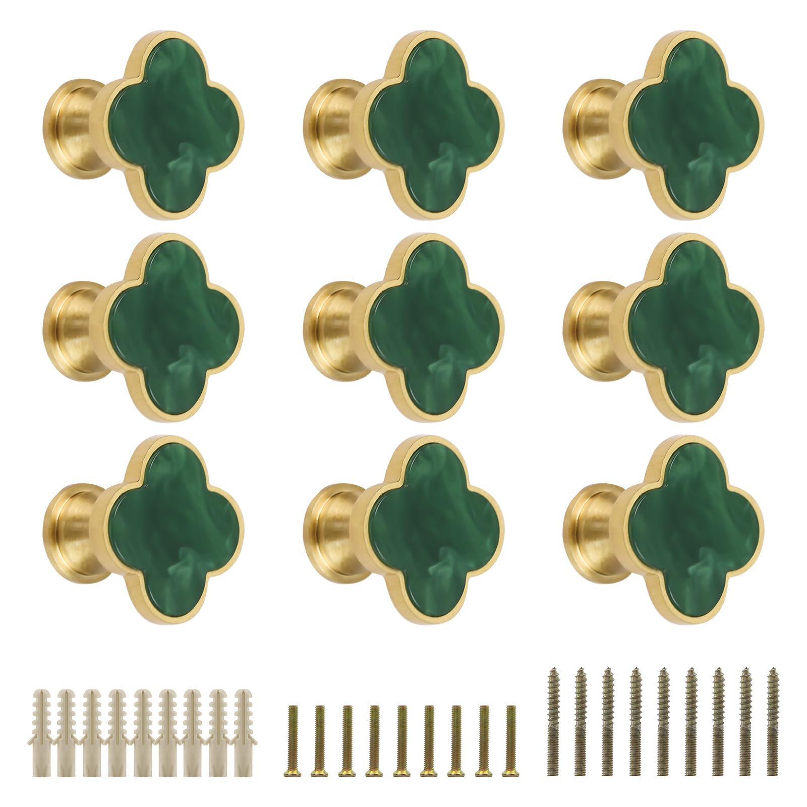 EVERGD 6/9pcs 28mm Four-Leaf Brass Gold Clover Knobs Cabinet Door Knobs Drawer Pulls with Screws, Handle Brushed Brass Dresser Drawer Pulls Handles Coat Hook Single Hole (Dark Green, 9)