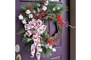 VOFULY Christmas Wreath with 40 LED Lights with Timer,prelit Christmas Cardinal Bird Wreath with Cotton and Red Berries, Woodland Natural Wreath, Red Berries and Cotton, Red Green White Winter wreath-22inch