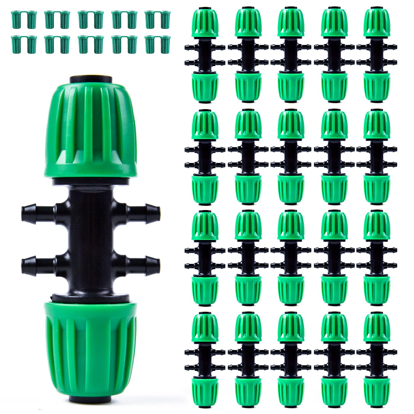 Kalolary 20PCS Barbed Tee 1/2" to 1/4" Drip Irrigation Fittings, Anti-Drop Barbed Hose Parts Connectors for 12mm/16mm to 4mm/7mm Drip Systems 6 Way Adapter（Green）