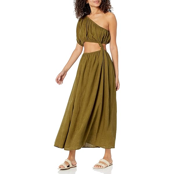 Moon River Women's Waist Cut-Out w/self String Tiered midi Dress, Cream, S  at Amazon Women's Clothing store