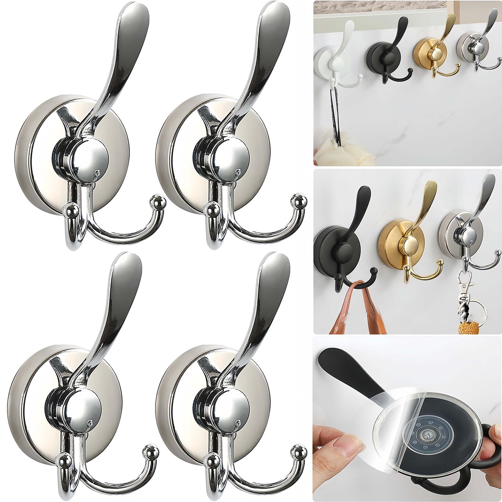 Boxonly No-Drill Suction Cup Duck Tongue Twin Hooks,2024 Upgraded Stainless Steel Waterproof Hooks for Bathroom,Shower,Kitchen,and Mirrors–Heavy Duty Towel Holders(4 Pcs, Bright Silver)