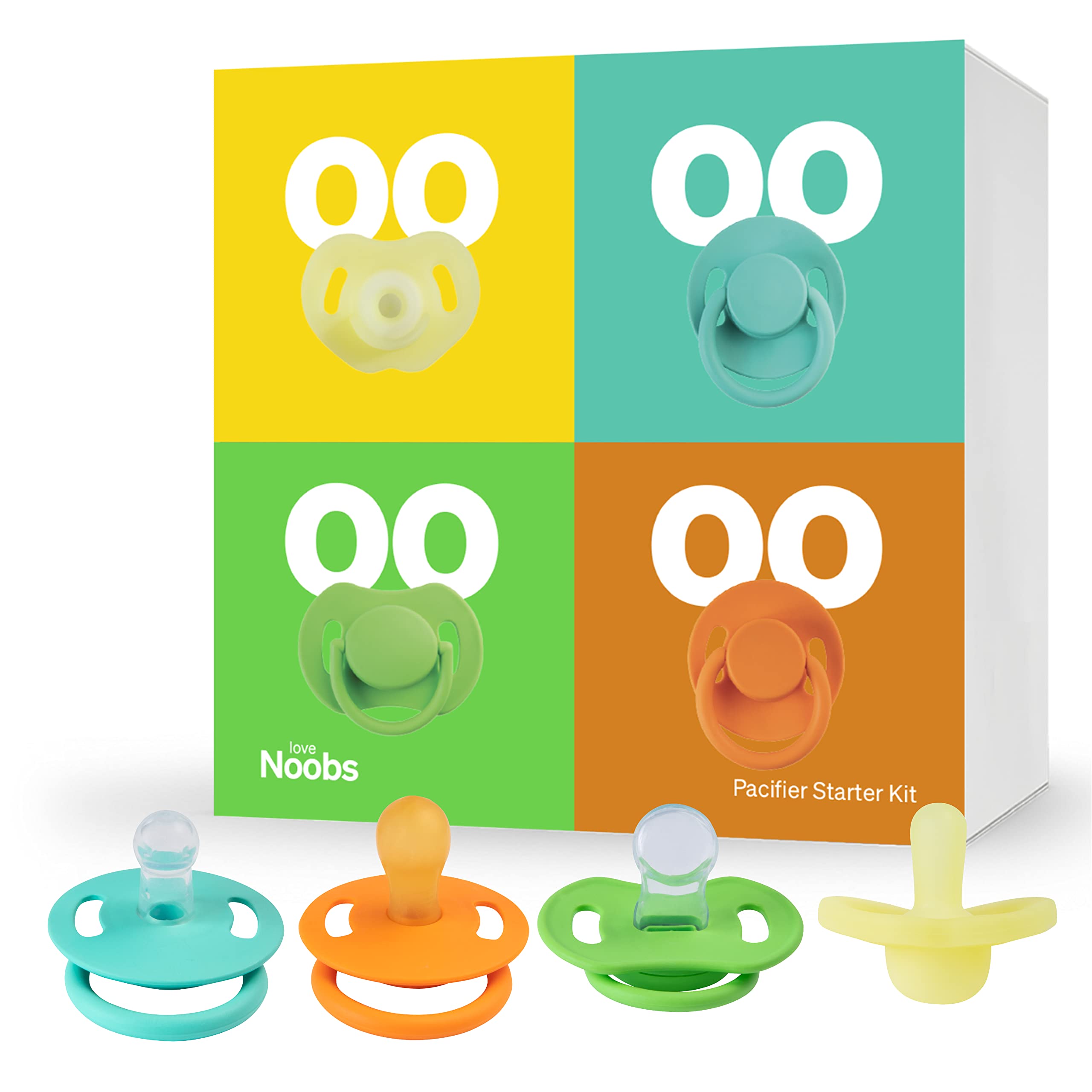 Photo 1 of ** MIGGING GREEN ONE **Pacifier Starter Kit by LoveNoobs, 4 Pack, Pacifiers 0-6 Months, Baby Starter Kit, Newborn Silicone Dummy, Orthodontic, Teething Soothers, Newborn Gift, Yellow