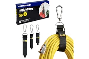 Hook 'n Hang Wrap-It Storage Straps - Assorted 3-Pack Black - Heavy Duty Extension Cord Holder with Hooks for Cord or Garden Hose Storage
