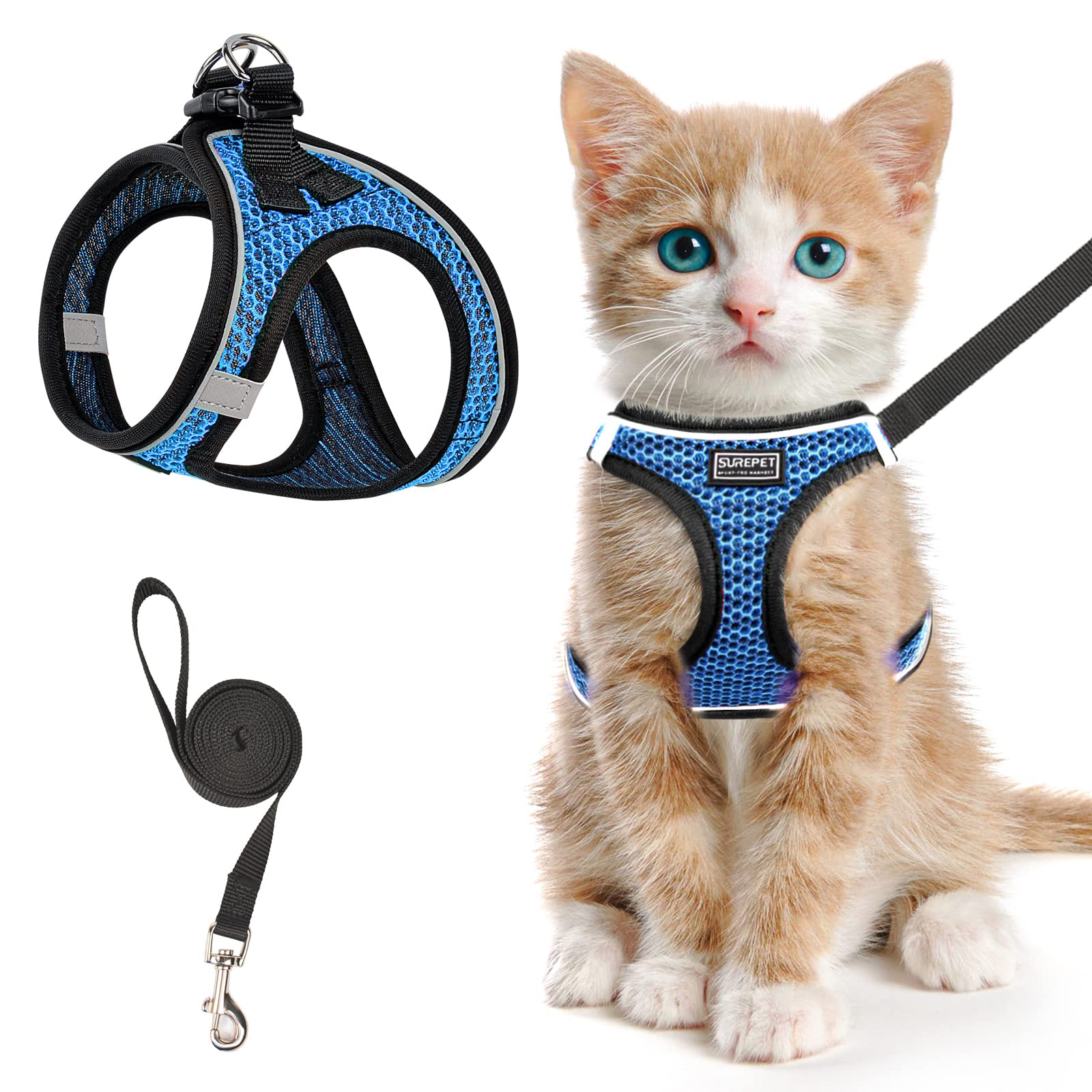 Photo 1 of SALFSE Cat Harness and Leash for Walking Escape Proof, Adjustable Kitten Vest Harness Reflective Soft Mesh Puppy Harness for Outdoor, Comfort Fit, Easy to Control (Blue, XXS)