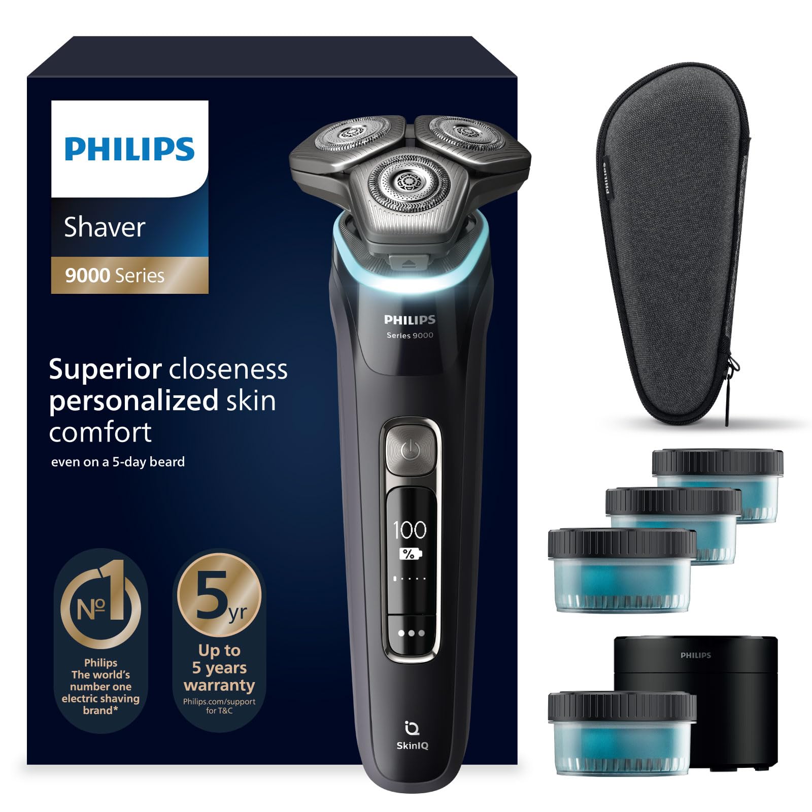 Philips Shaver S9000 - Rasoio elettrico Wet & Dry uomo, tecnologia Lift & Cut e SkinIQ, rifinitore a scomparsa, custodia per la pulizia, supporto di ricarica e custodia da viaggio (modello S9976/63)
