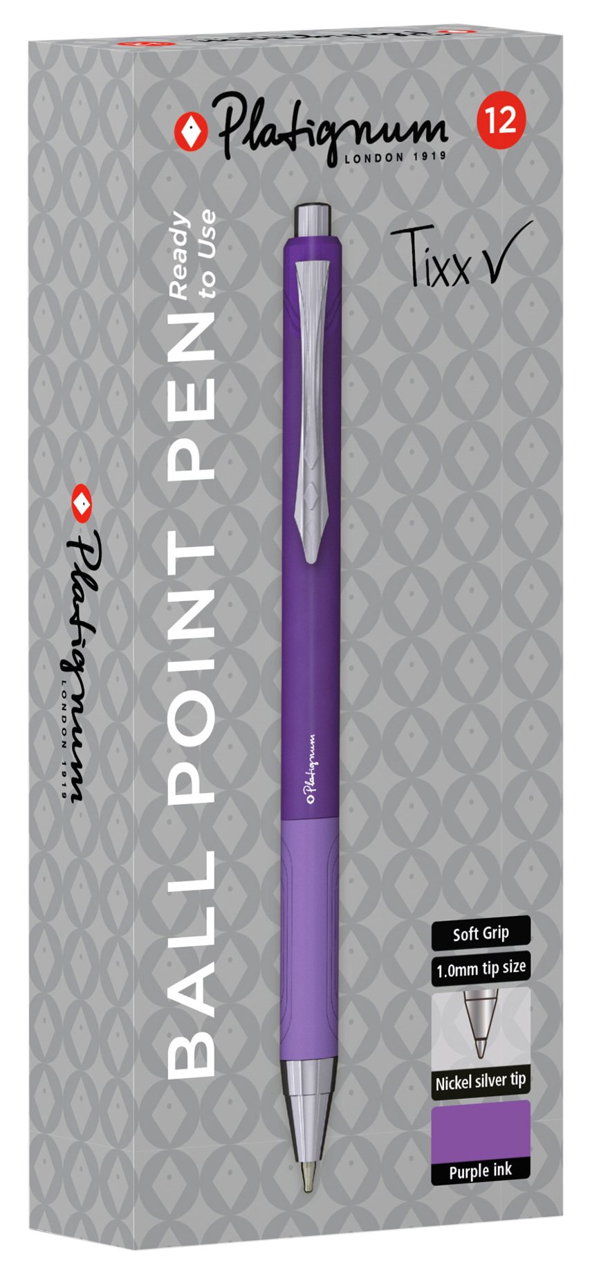 Platignum Tixx Purple Ballpoint Pen [Pack of 12] Soft Grip Barrel with Hybrid Gel Ink for Smudge-Free and Ultra-Smooth Writing [50494]