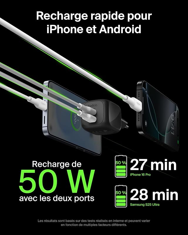 Chargeur USB C Multiple, 50 W, Chargeur Secteur GaN 2 Ports, Recharge Rapide pour MacBook, iPhone 17, iPad Pro, Chromebook, Galaxy S25 Ultra, Pixel 10, etc. - Accessoires de Voyage - Noir