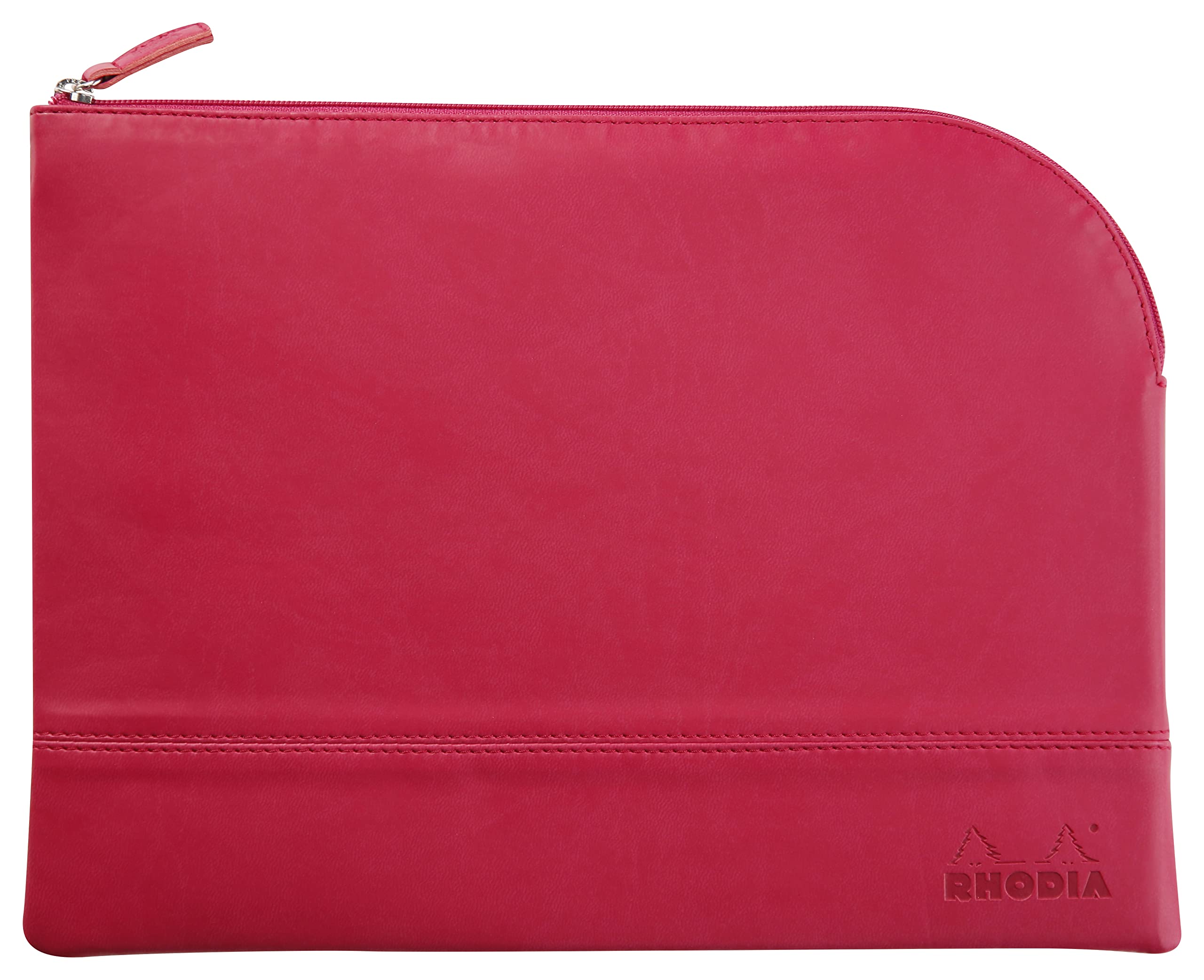 RHODIA 116743C - Faux Leather Zippered Pouch - Raspberry - Size L (21 x 28 cm) Genuine stitching - Orange Fabric Inside - Storage for Documents, Small Supplies — image 1