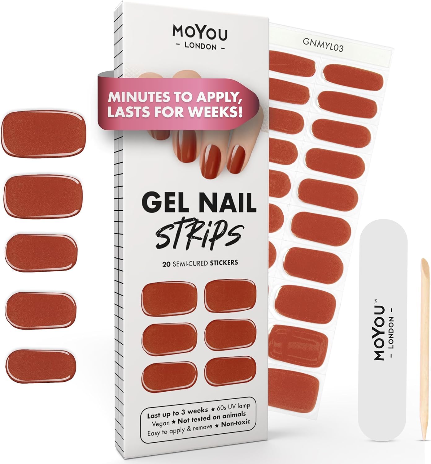 MOYOU LONDON Semi Cured Gel Nail Strips Autumn - 20 Pcs. Waterproof Gel Nail Wraps, Cures in Sunlight or UV/LED Lamp, Lasts Up to 2+ Weeks, Stretchable, Easy to Apply & Remove, Vegan & Cruelty-Free