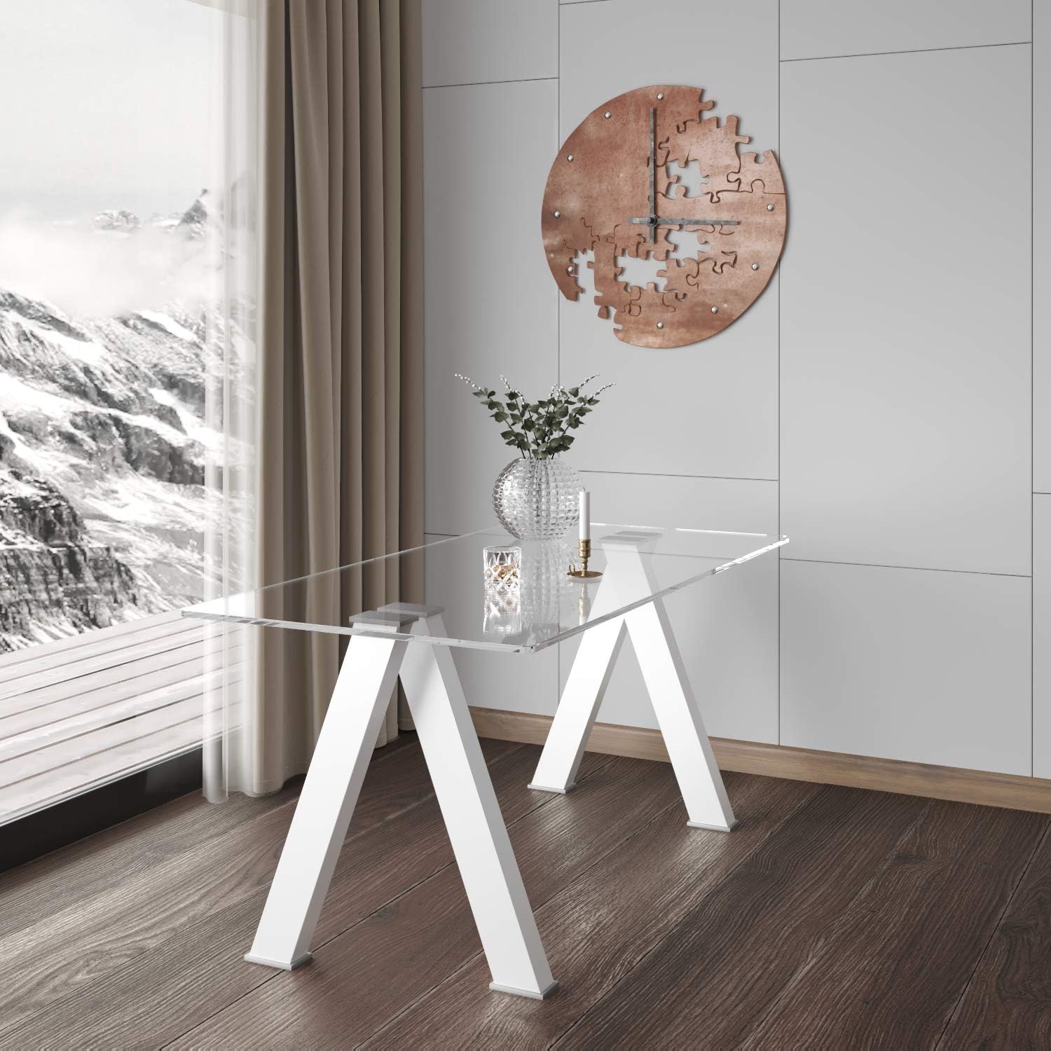 Criss Cross Tempered Clear Glass Modern Dining Table (White)