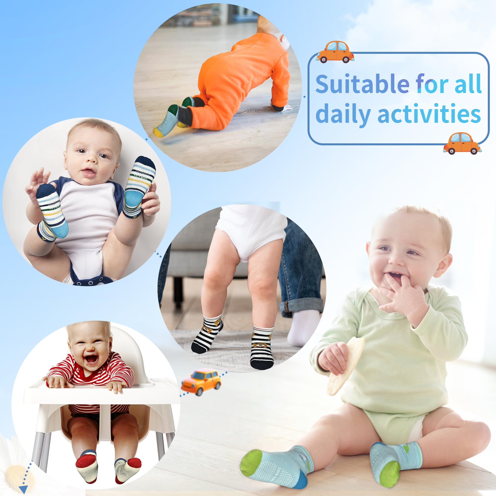 Tphon Non Slip Kids Toddler Socks with Grippers Baby 12 Pairs Anti Skid Socks for Boys Girls 0-7 Year Children