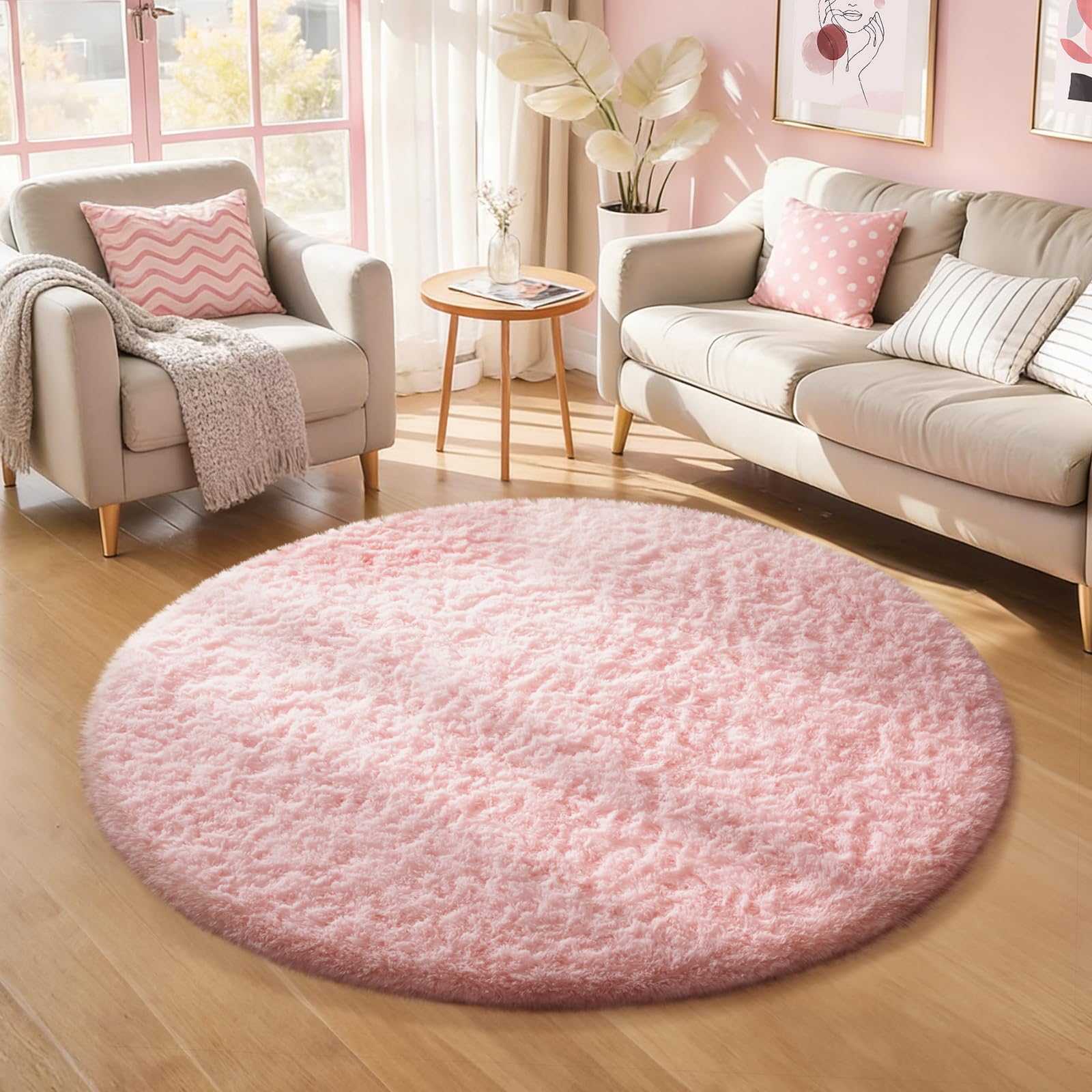 Photo 1 of ***USED***Ophanie Pink Round Rug for Bedroom Girls, Kids Fluffy Kawaii Fuzzy Shag Circle Circular Area Rugs, Cute Plush Christmas Small Carpet 4Ft 4 Foot, for Teen Baby Nursery Home Living Room Decor Aesthetic