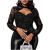 SweatyRocks Women's Plus Size Cut Out Mock Neck Floral Lace Long Sleeve Slim Fit Sparkly Shirt Top