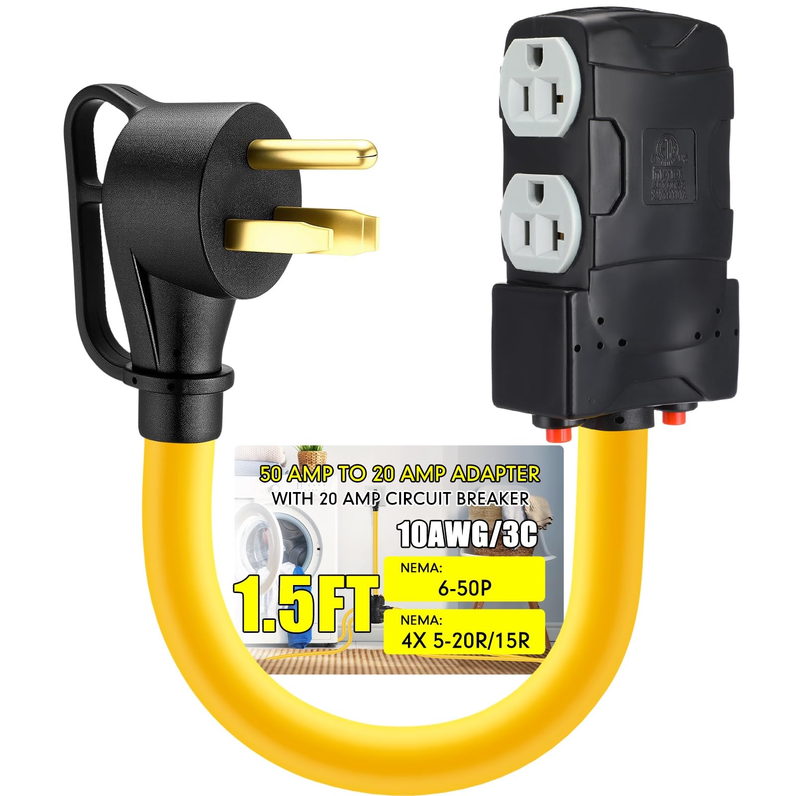 Photo 1 of Tellegloww 1.5 FT 50 to 20 Amp Welder EV Distribution Adapter Compatible with NEMA 6-50P to 4X 5-20R/ 5-15R, 3 Prong Welder EV Male Plug 4X Household Outlet with 20A Circuit Breaker, ETL Listed