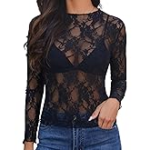 Enyprok Women's Mesh Top Long Sleeve Mock Neck Sheer Blouse See Through Floral Lace Tops