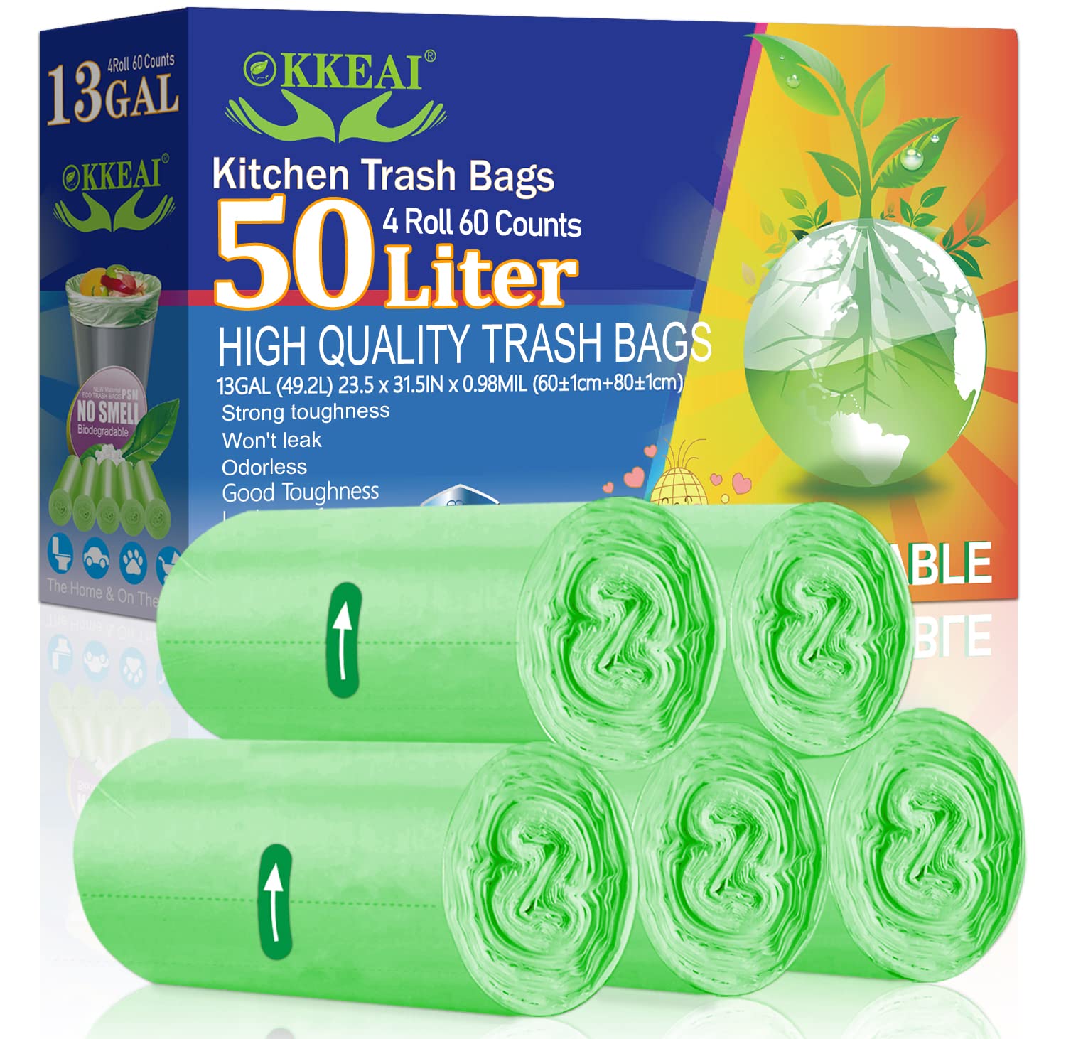 OKKEAI Bin Liners 50L Heavy Duty Refuse Sacks Larger Plastic Waste Bags for Kitchen,60 Counts,Green