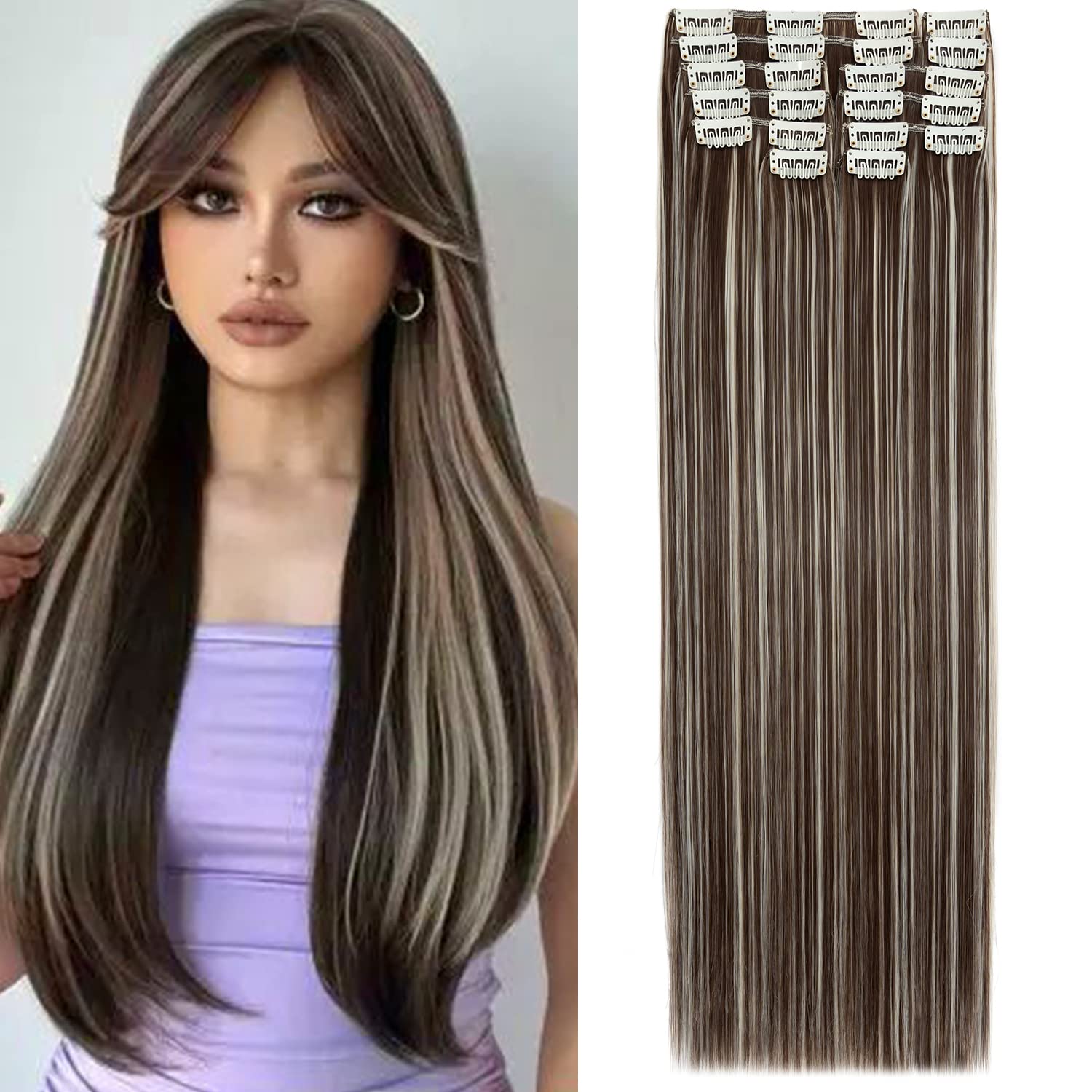 S-Noilite 22 Inches Long Straight Hair Extensions Clip in Full Head 12PCS Hair Extensions Clip on Synthetic Fiber Hairpieces for Women - Light Brown mix Bleach Blonde โ image 1
