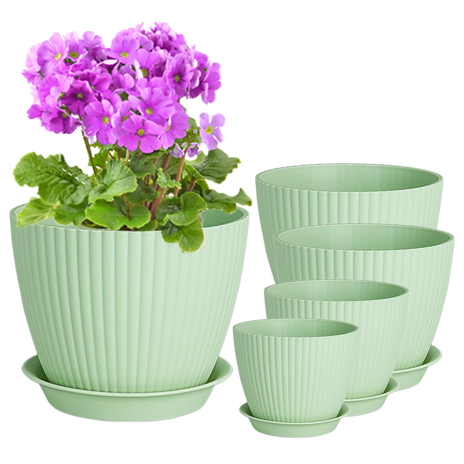PROFIKLA 18/15/14/13/11.5cm Plastic Plant Pots, Pack of 5 Flower Pots, Plant Pots with Drainage Holes and Saucers, Modern Decorative Planters, Green