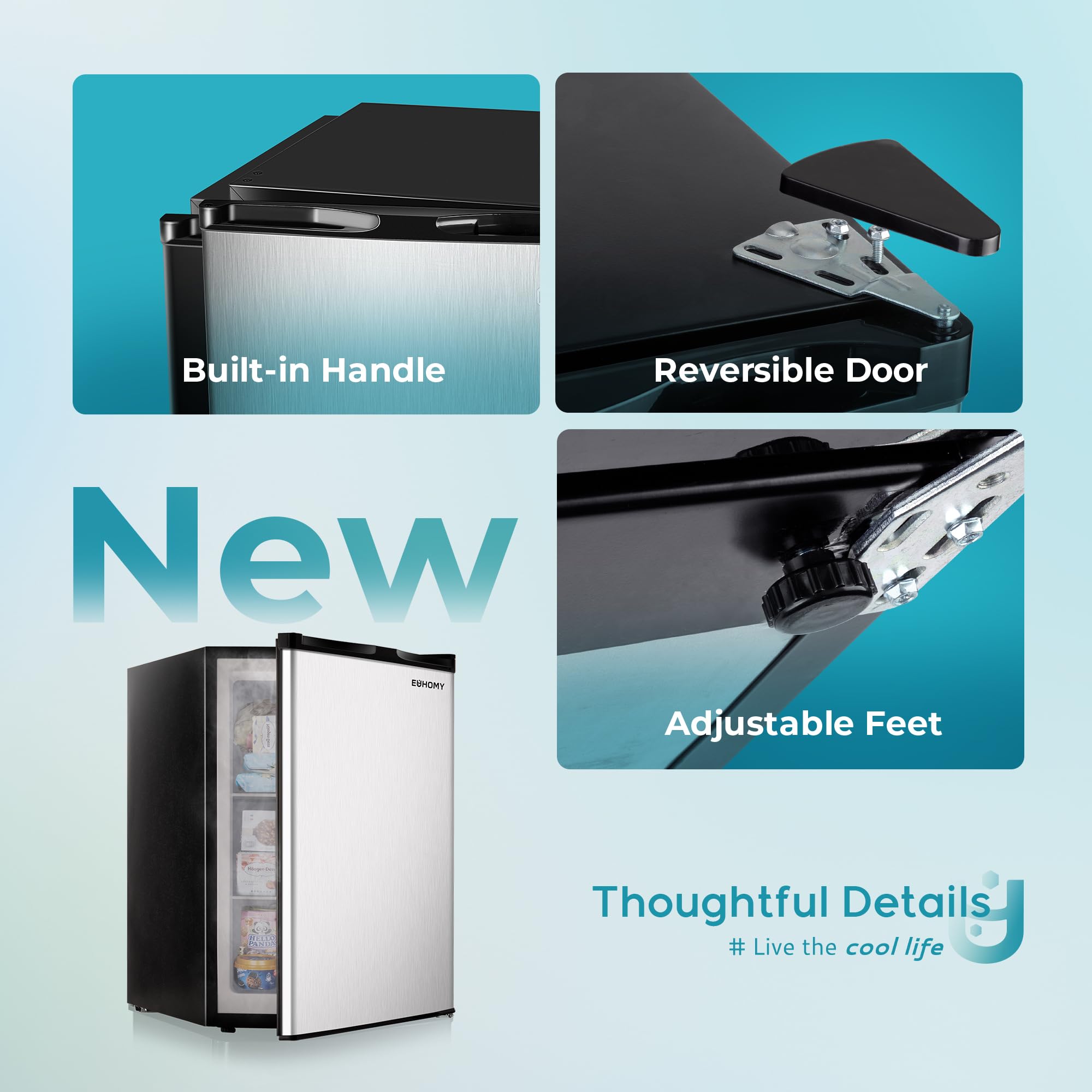 EUHOMY Upright freezer, 3.0 Cubic Feet, Single Door Compact Mini Freezer with Reversible Stainless Steel Door, Small freezer for Home/Dorms/Apartment/Office, Silver