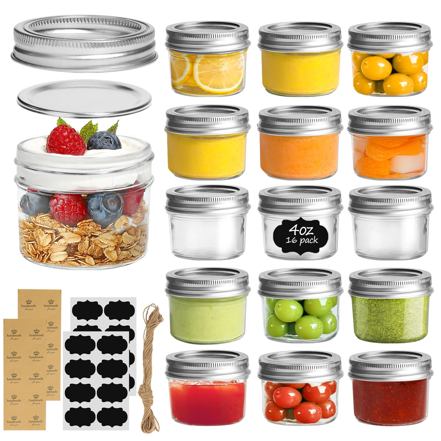 ComSaf Mini Mason Jars 4oz - 16 Pack, Regular Mouth